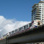 Mark I series SkyTrain approaches Main Street - Science World Mark I series SkyTrain approaches Main Street - Science World