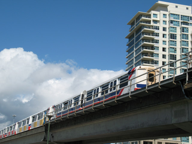 Mark I series SkyTrain approaches Main Street - Science World