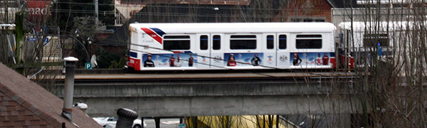 An eastbound Mark I series train leaves New Westminster station An eastbound Mark I series train leaves New Westminster station