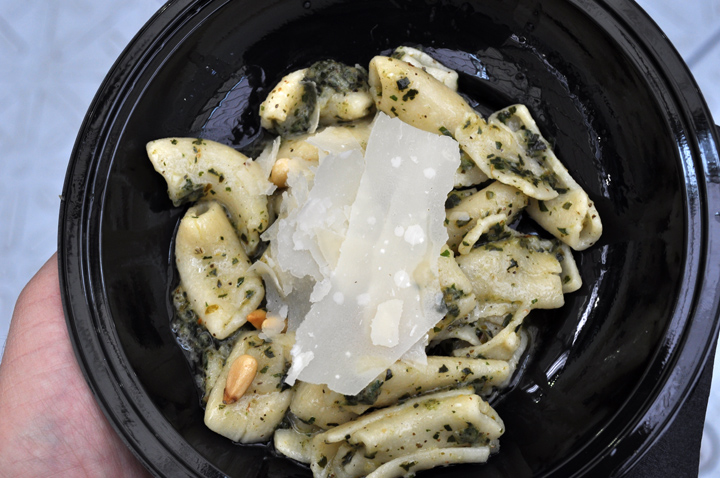 Penne pasta with pesto and shaved parmesan