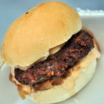 Beef slider with grilled onions and chipotle mayonnaise