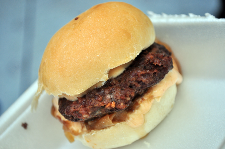 Beef slider with grilled onions and chipotle mayonnaise