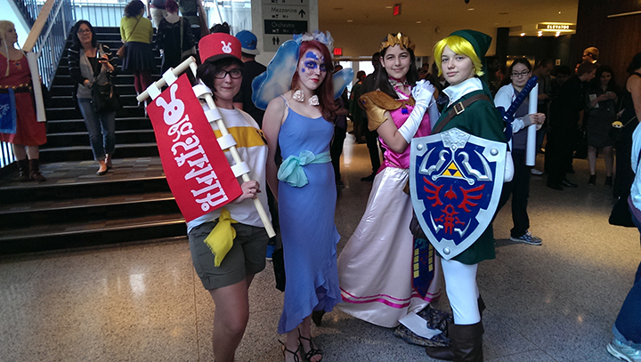 Cosplayers masquerading as their favourite Zelda characters in the theatre lobby.