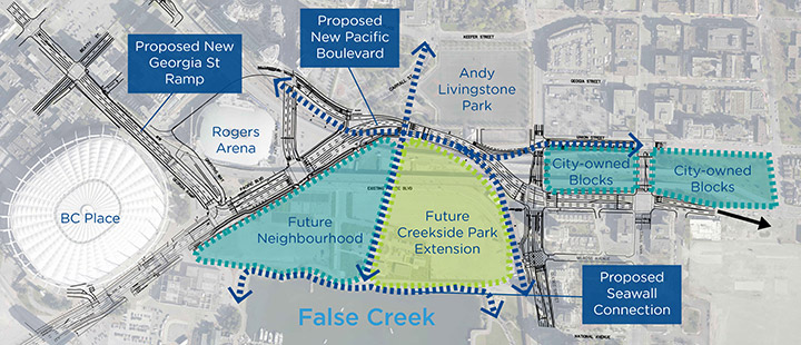 A map outlining road re-alignment after removal of the Dunsmuir and Georgia Street viaducts.